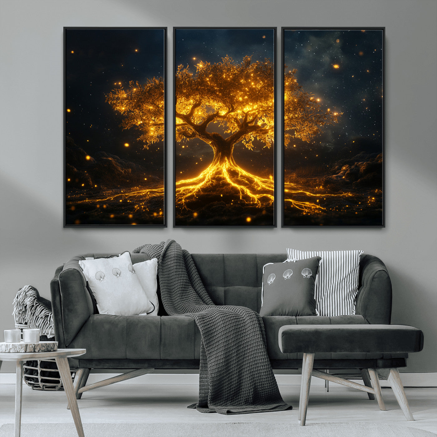 MGV-FC-48X32-3P - Golden Tree of Life Canvas Wall Art Print - Majestic Glowing Tree Design for Living Room, Office, or