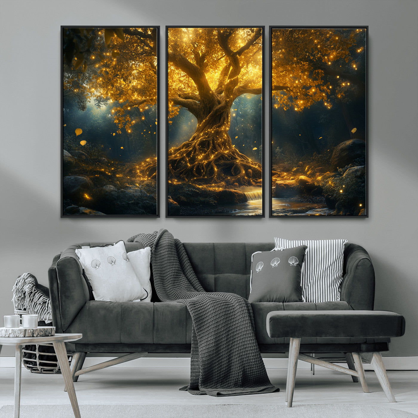 MGV-FC-48X32-3P - Golden Tree of Life Canvas Wall Art Print - Majestic Glowing Tree Wall Art Print