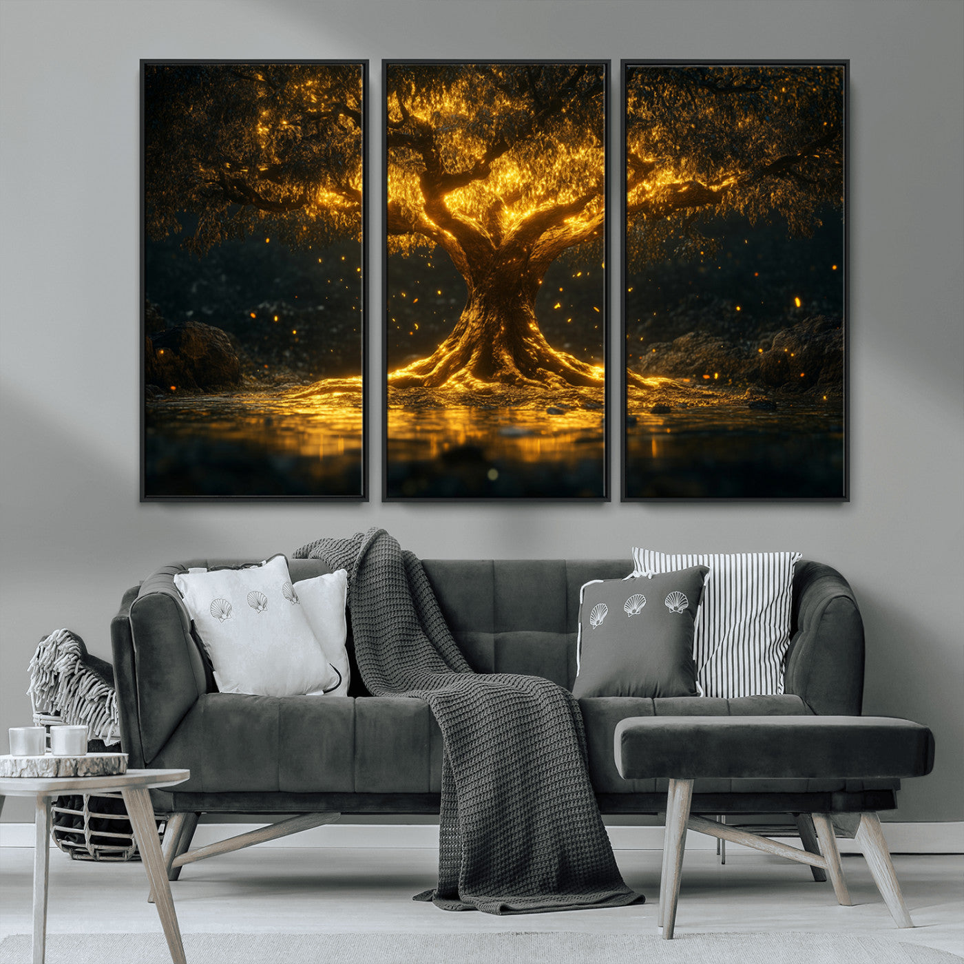 MGV-FC-48X32-3P - Golden Tree of Life Canvas Wall Art Print - Majestic Glowing Tree Wall Art Print