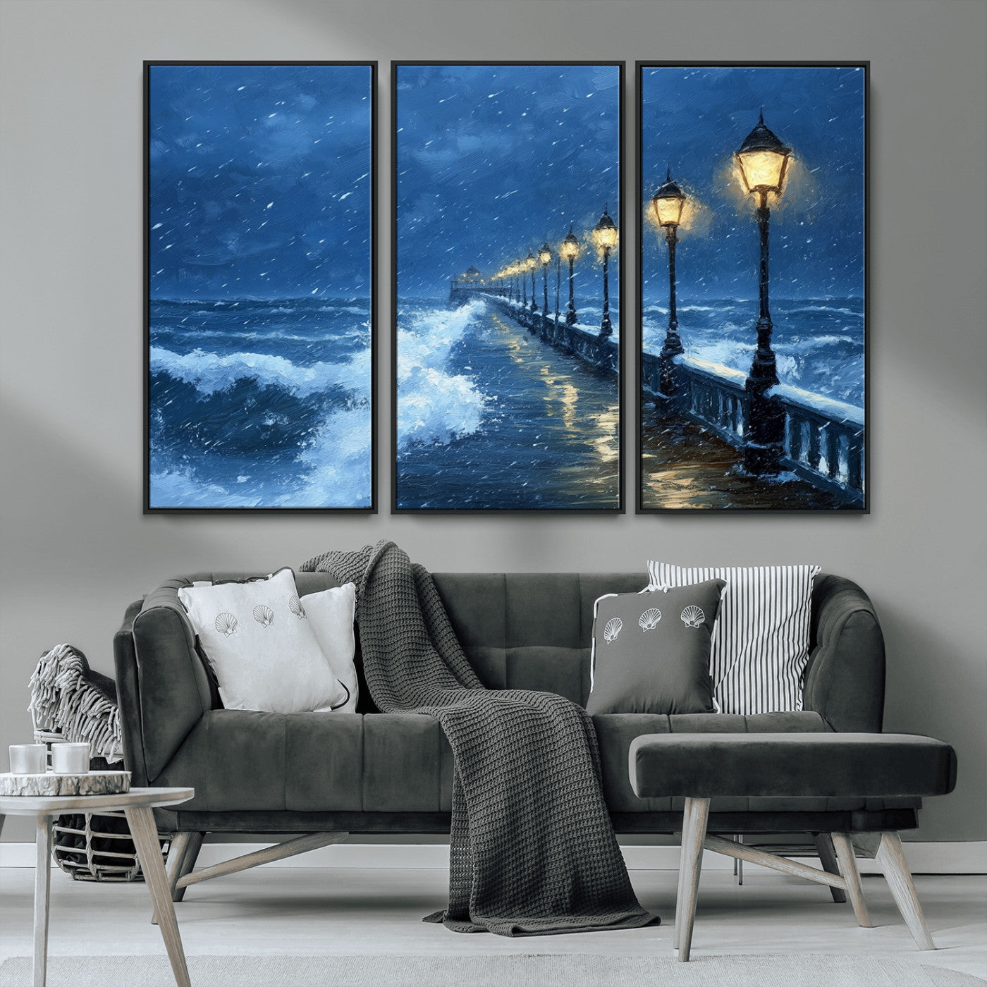 MGV-FC-48X32-3P - Stormy Ocean Pier Lights Canvas Wall Art Print - Large Moody Night Scene for Living Room, or Office,