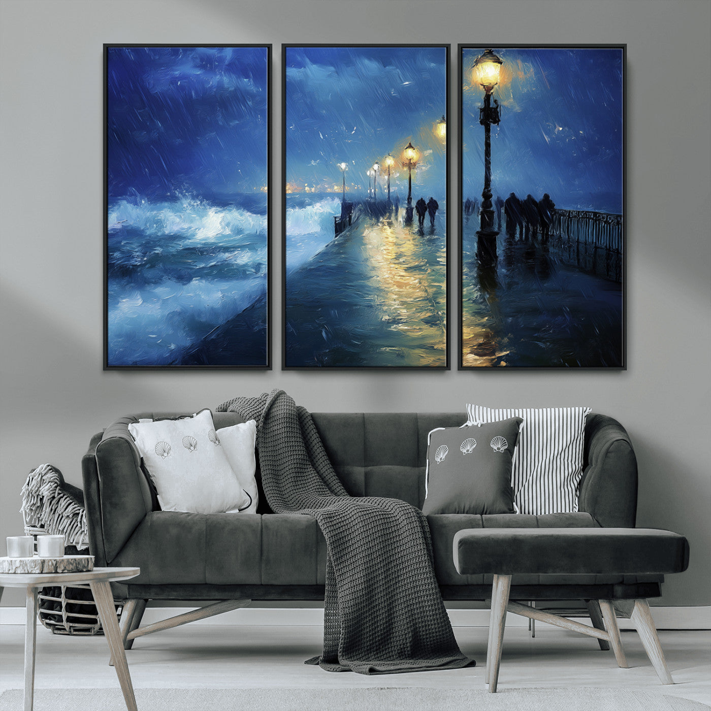 MGV-FC-48X32-3P - Abstract Stormy Ocean Pier Canvas Wall Art Print | Stormy Ocean Art | Large Moody Night Scene Print,