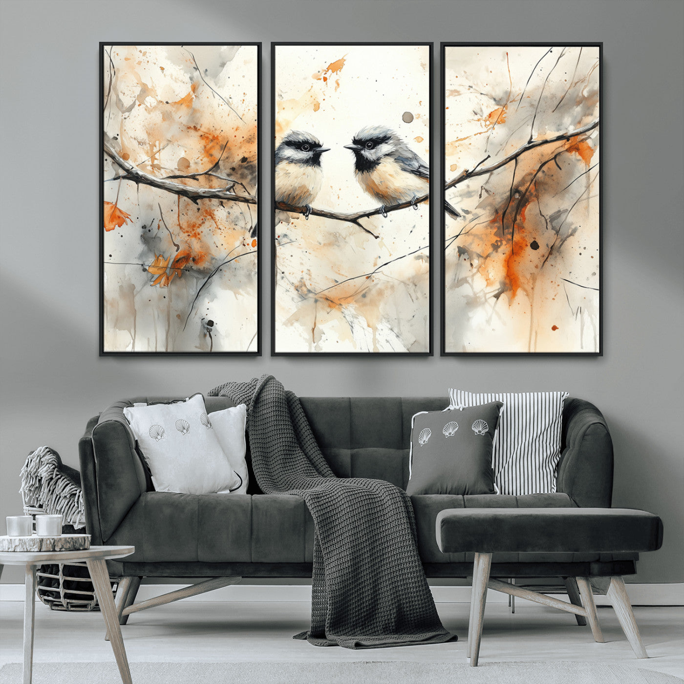 MGV-FC-48X32-3P - Abstract Watercolor Chickadee Bird Canvas Wall Art Print - Large Bird and Branch Wall Art, Modern