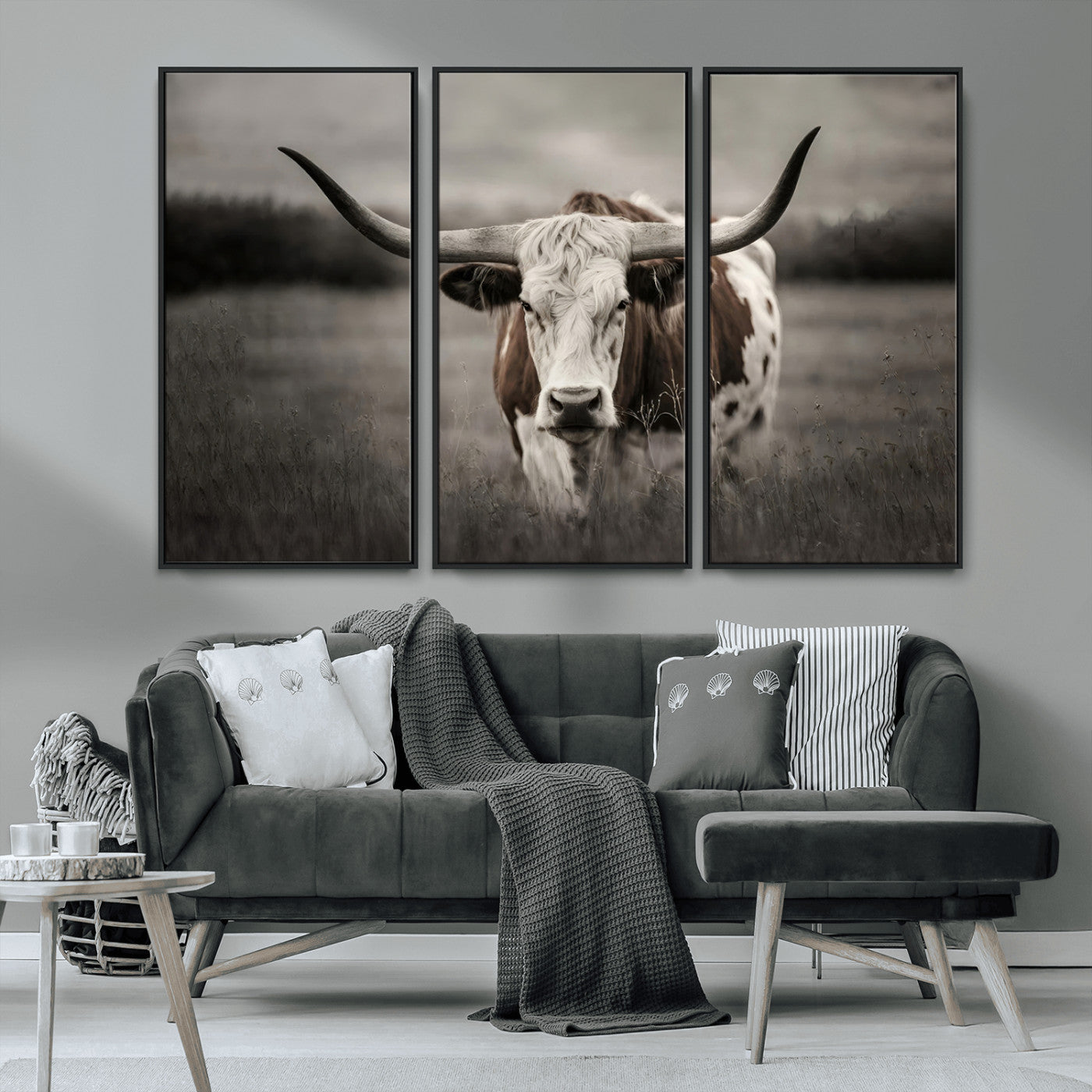 MGV-FC-48X32-3P - Texas Longhorn Cow Canvas Wall Art Print - Large Rustic Longhorn Art for Living Room, Western Wall