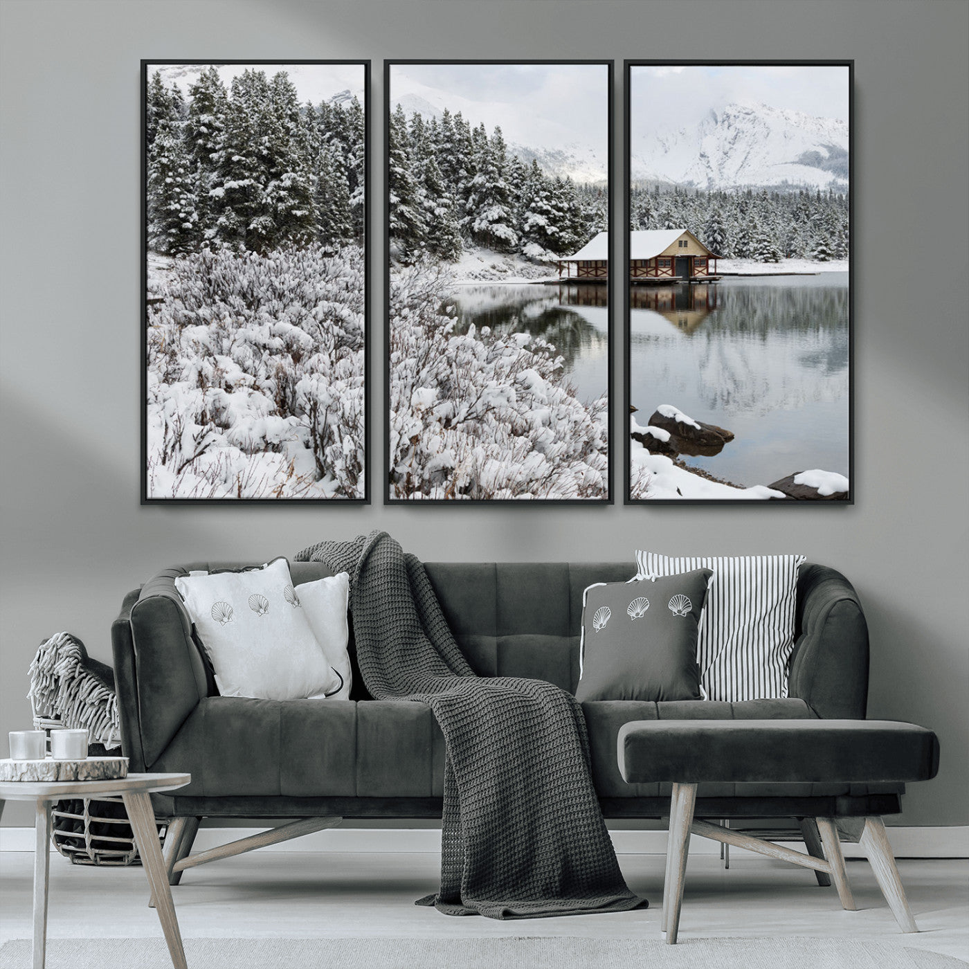 MGV-FC-48X32-3P - Winter Wall Art - Cabin by the Lake Canvas Wall Art - Serene Snowy Landscape with Mountain View,