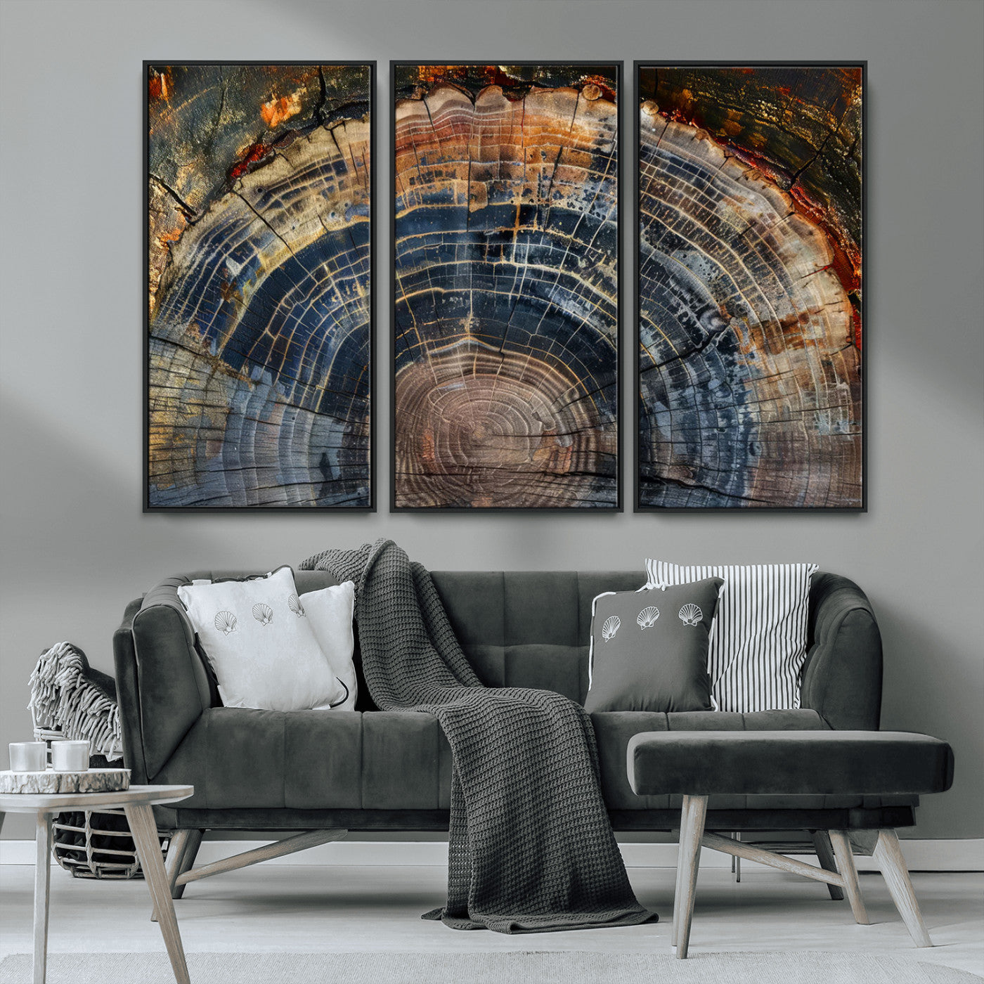 MGV-FC-48X32-3P - Framed Tree Ring Wall Art - Abstract Colorful Tree Ring Wall Decor, Minimalist Home Canvas Art,