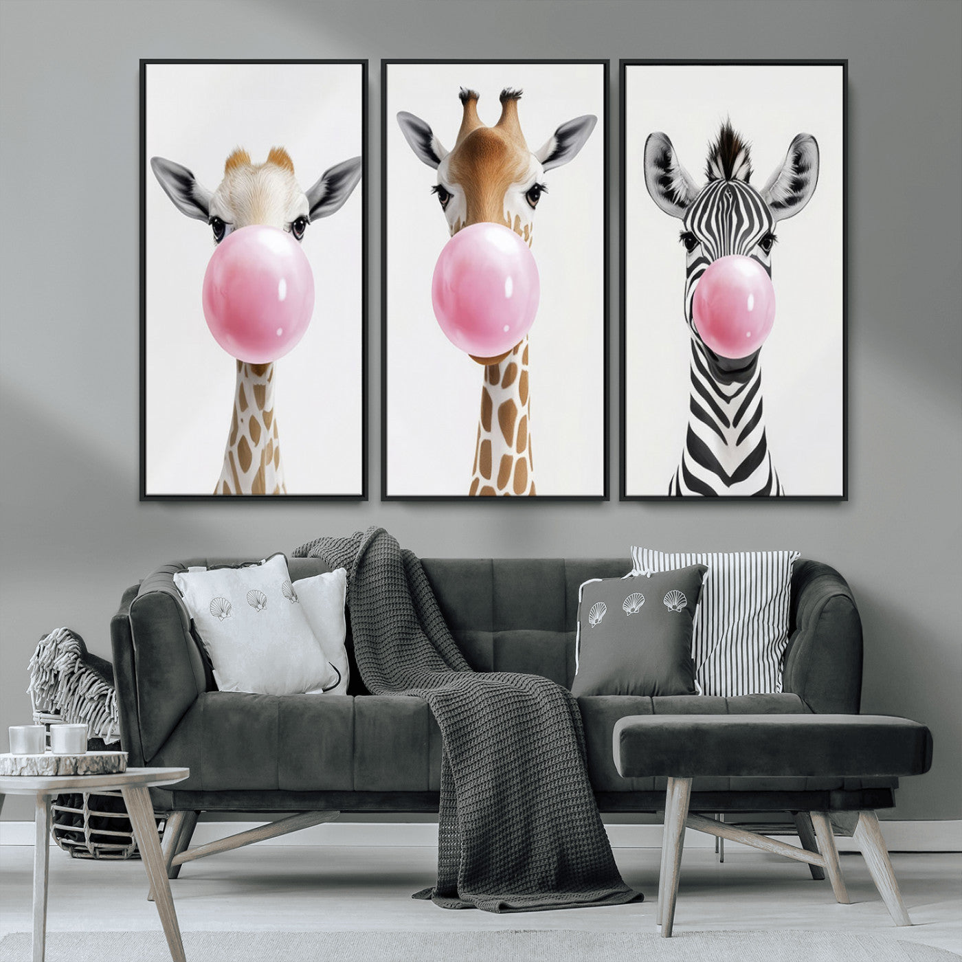 MGV-FC-48X32-3P - Bubblegum Animals Canvas Wall Art - Playful Giraffe and Zebra Trio, Fun Nursery Decor for Kids'