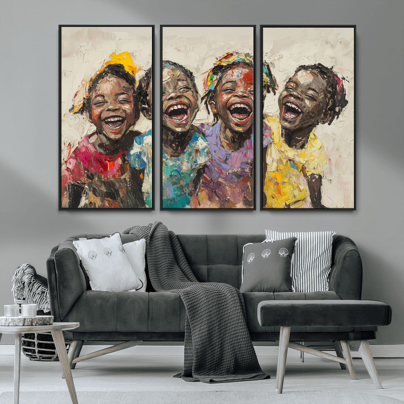 MGV-FC-48X32-3P - Shai Yossef style Joyful Childhood Canvas Wall Art - Expressive Impasto Painting of Black Children