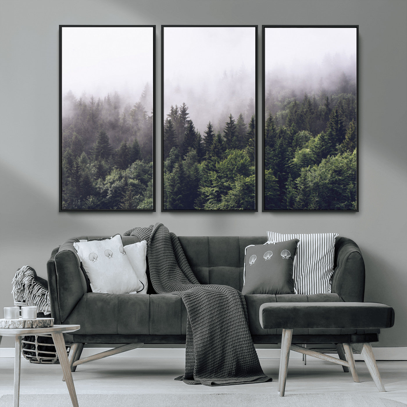MGV-FC-48X32-3P - Misty Forest Canvas Wall Art – Serene Triptych Nature Print – Woodland Landscape Decor for Living