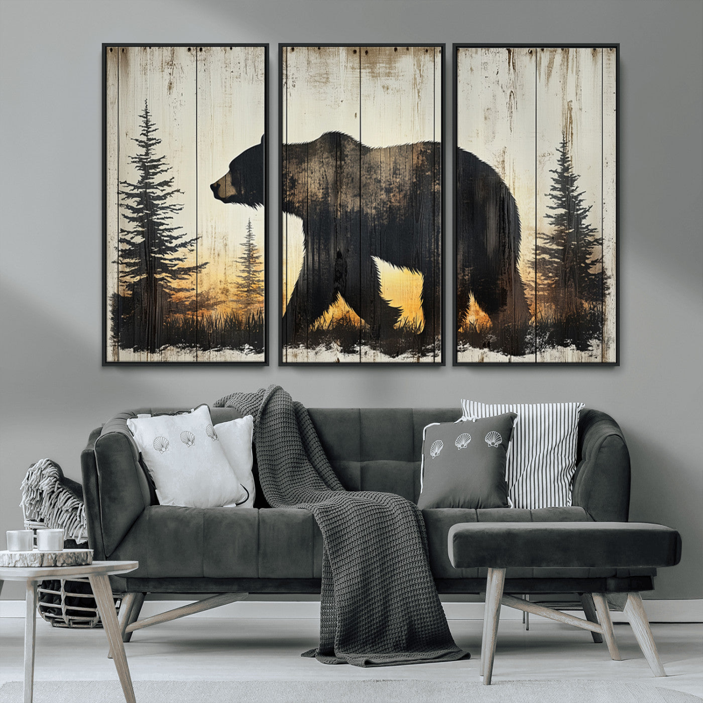 83875-MGV-CV-36X24-Vintage Bear Wall Art Canvas Print for Farmhouse - Mountain Wood Canvas Wall Art - Forest Silhouette