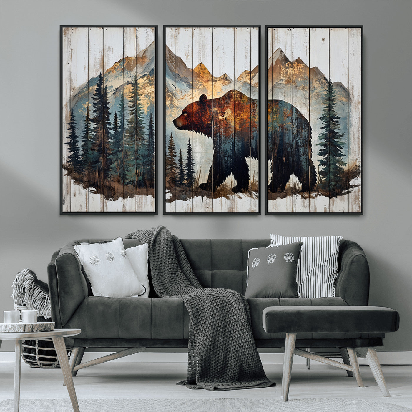 55777-MGV-CV-36X24-Rustic Grizzly 399 Bear and Mountain Wood Canvas Wall Art - Framed Nature Artwork with Forest