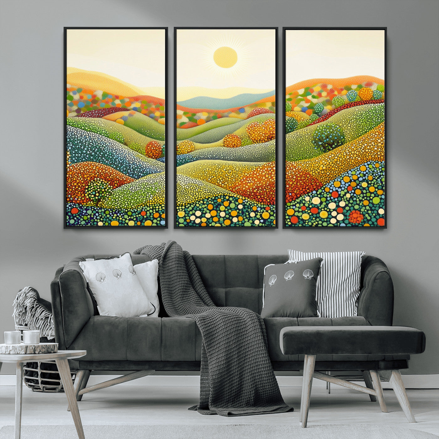 MGV-FC-48X32-3P - YAYOI KUSAMA Colorful Dot Art Landscape Canvas - Framed Abstract Pointillism Inspired by Nature with