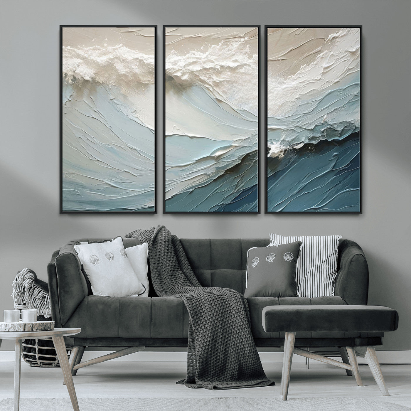 MGV-FC-48X32-3P - Waves Abstract Wall Art Print, Modern Framed Abstract Canvas Print, Abstract Painting for Living