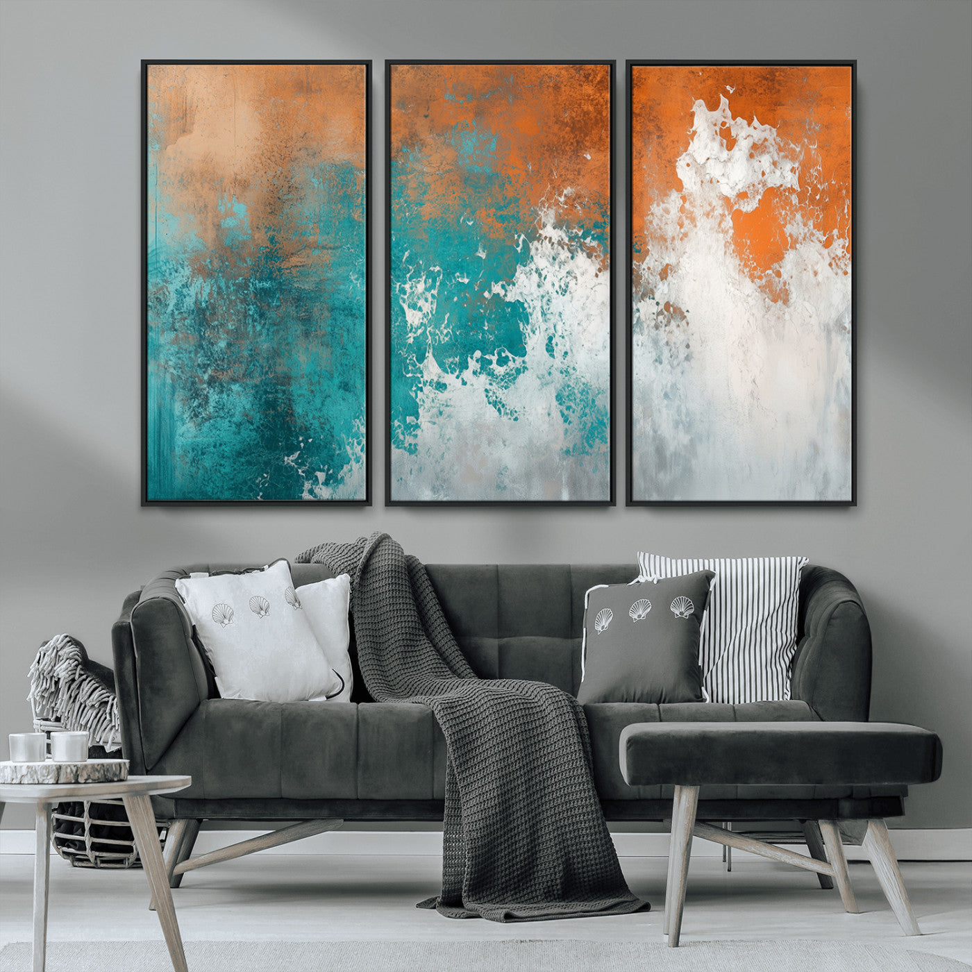 MGV-FC-48X32-3P - Vintage Abstract Print - Bold Teal and Orange Canvas Wall Art - Retro-Vintage Abstract Orange Canvas