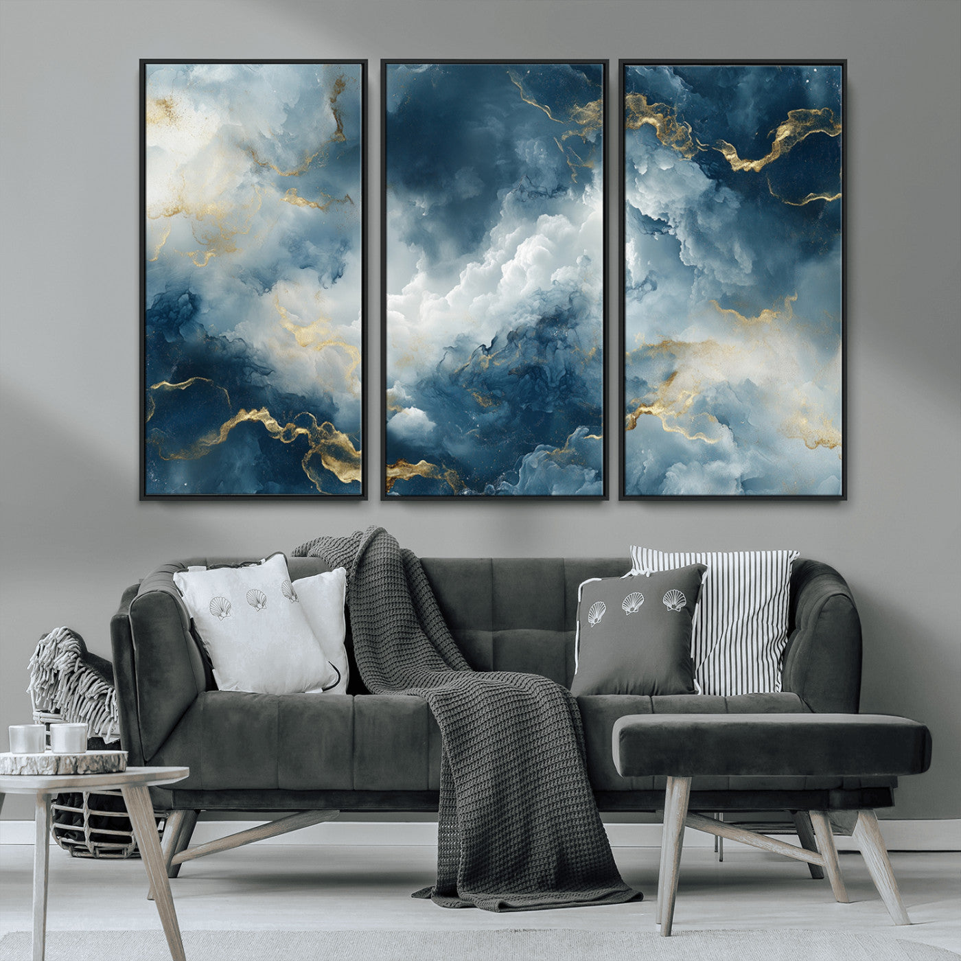 MGV-FC-48X32-3P - Large Abstract Print - Luxe Blue and Gold Abstract Canvas Wall Art - Bold Cloudscape Canvas for