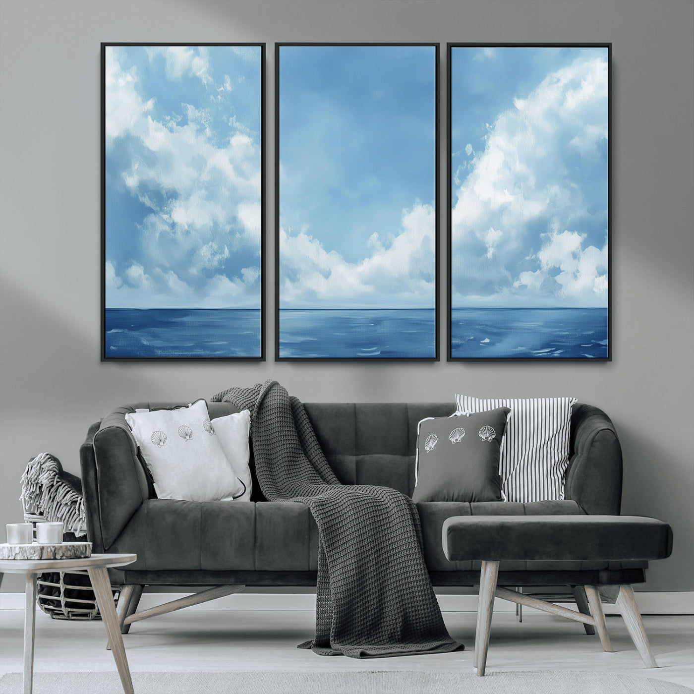 MGV-FC-48X32-3P - Abstract Ocean Print Artwork- Serene Blue Ocean Canvas Wall Art - Minimalist Ocean and Sky Canvas