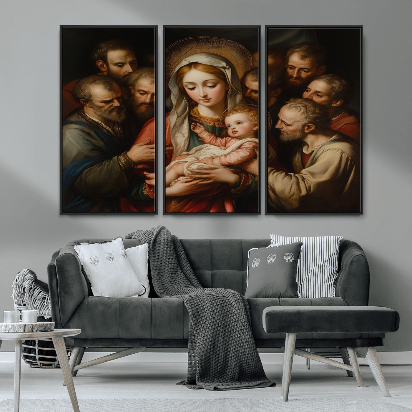 MGV-FC-48X32-3P - Religious Canvas Wall Art Print - Madonna and Child with Apostles Art Print - Classic Christian