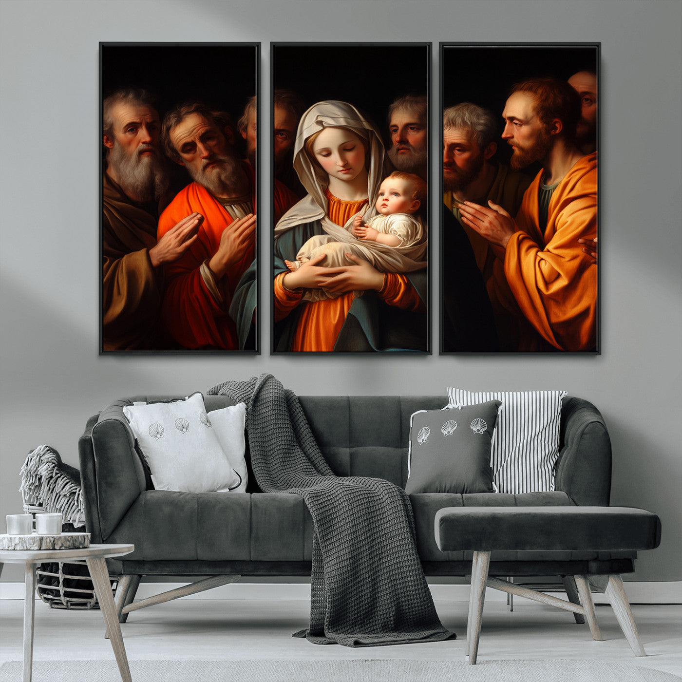 MGV-FC-48X32-3P - Religious Canvas Wall Art Print - Madonna and Child with Apostles Art Print - Classic Christian