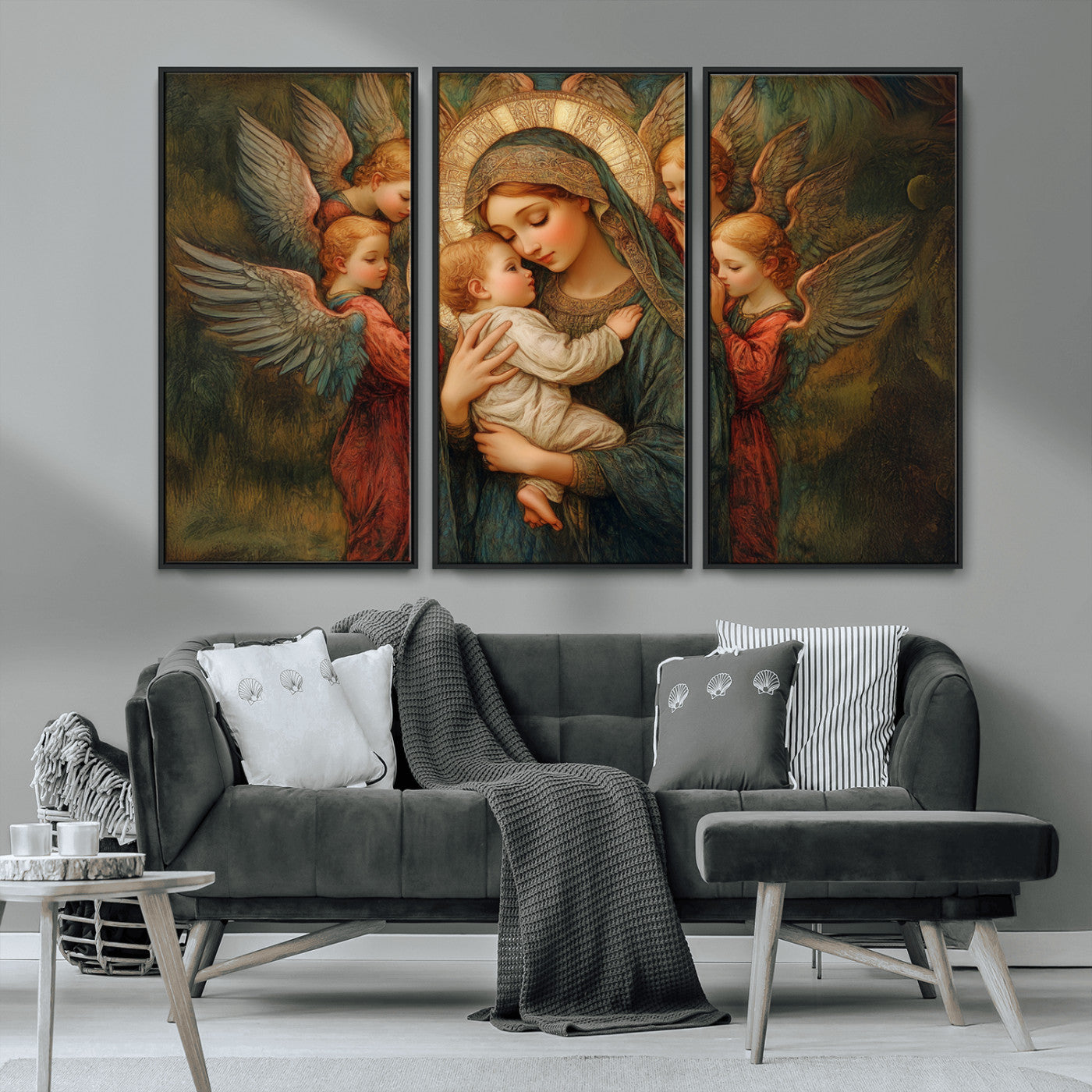 MGV-FC-48X32-3P - Mary Jesus Canvas Wall Art Print - Madonna and Child with Angels Art Print - Classic Christian