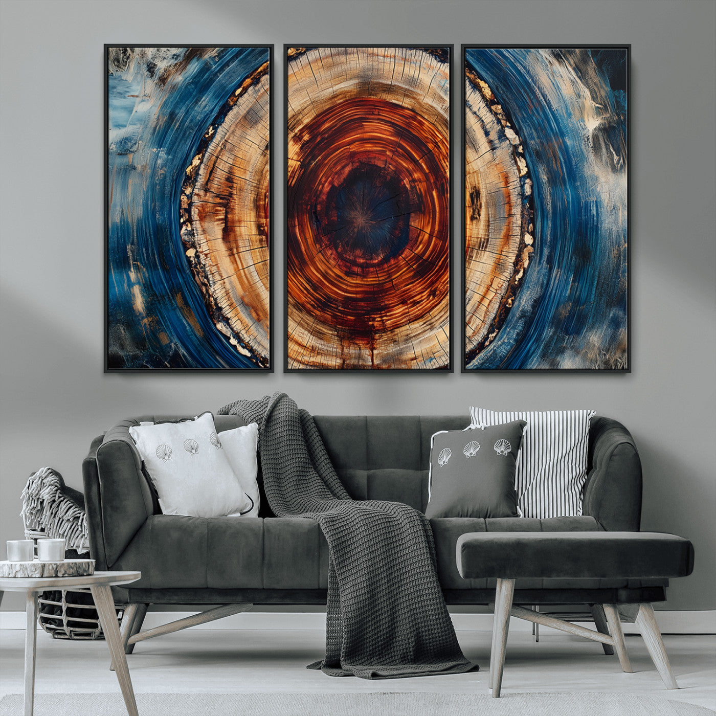 MGV-FC-48X32-3P - Abstract Framed Tree Rings Wall Decor, Wood Grain Rings Artwork Print, Nature Woodland Modern Wall