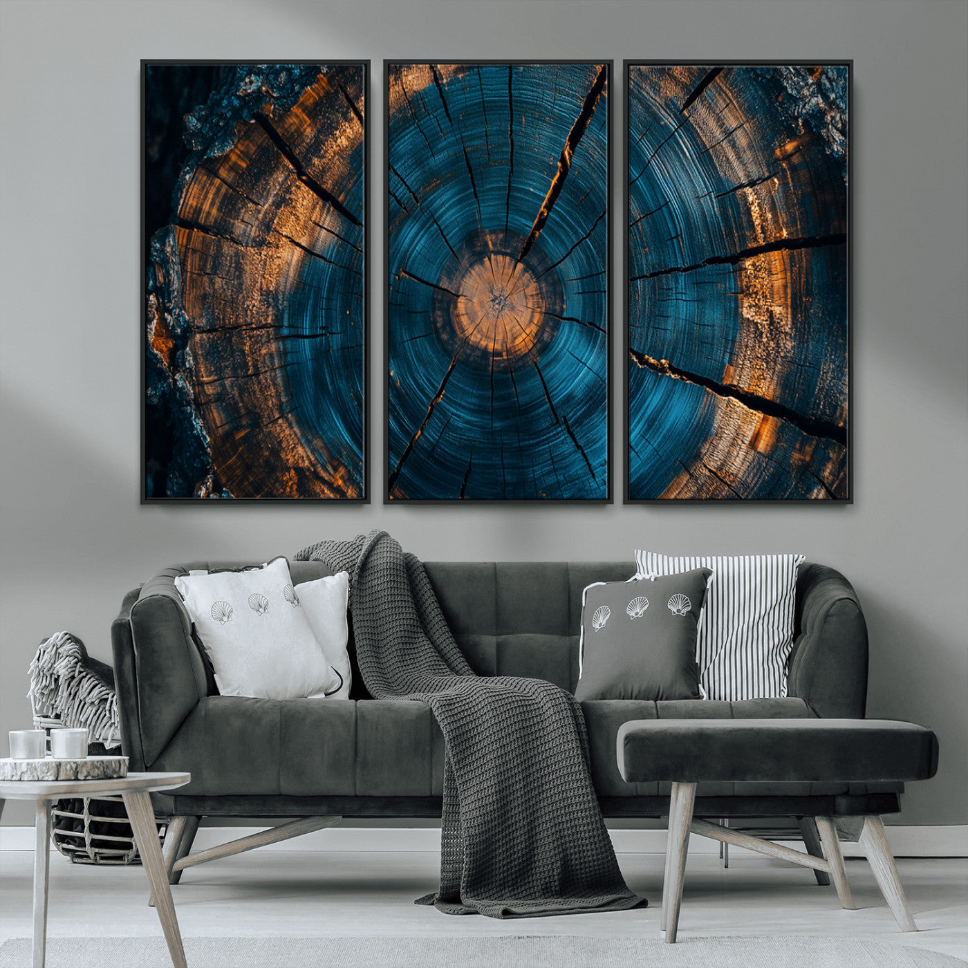 MGV-FC-48X32-3P - Farmhouse Wall Art - Abstract Tree Rings Canvas Wall Art Print, Framed Wood Grain Rings Artwork