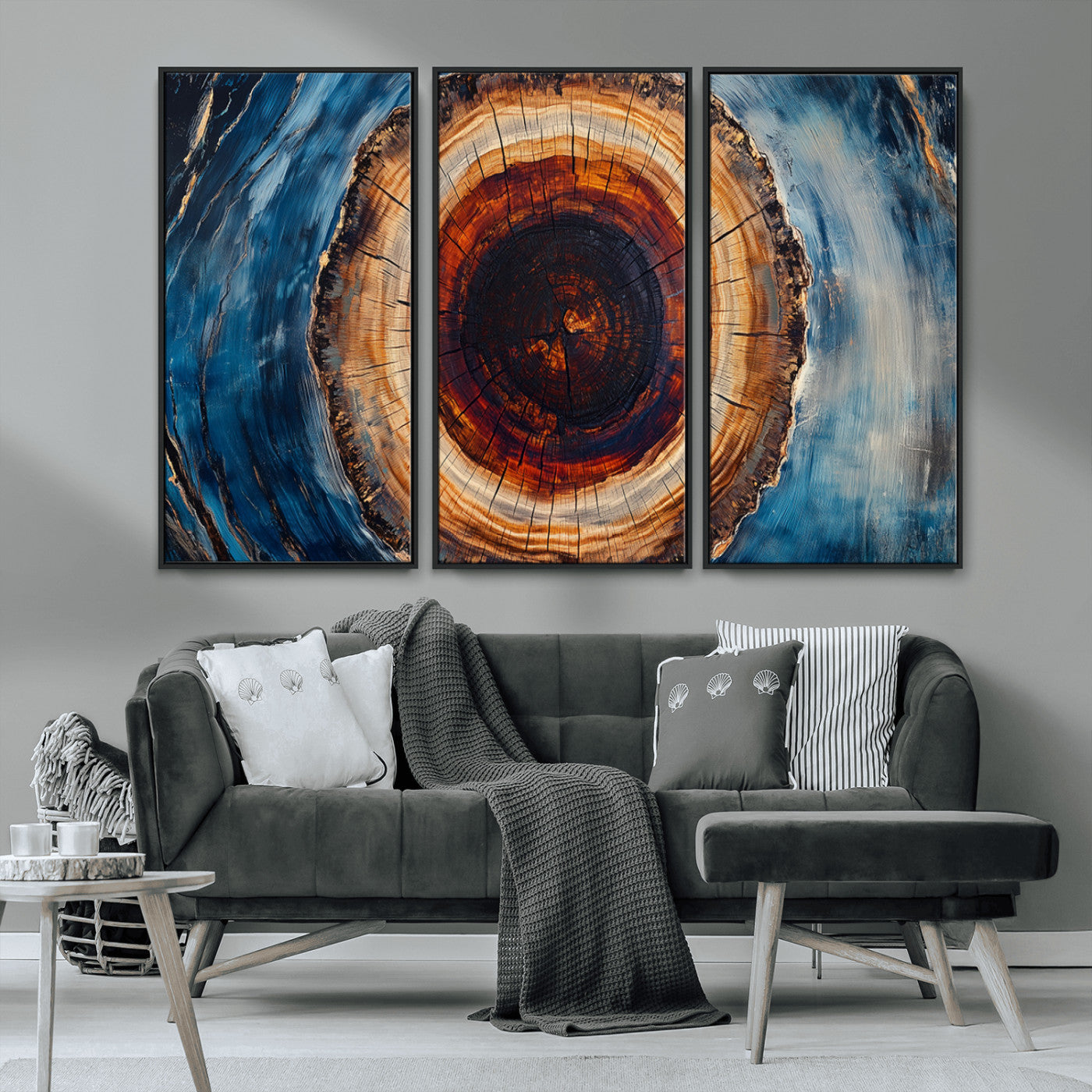 MGV-FC-48X32-3P - Framed Abstract Tree Ring Wall Art Print, Natural Rustic Wood Texture Canvas Print, Wood Tree Stump