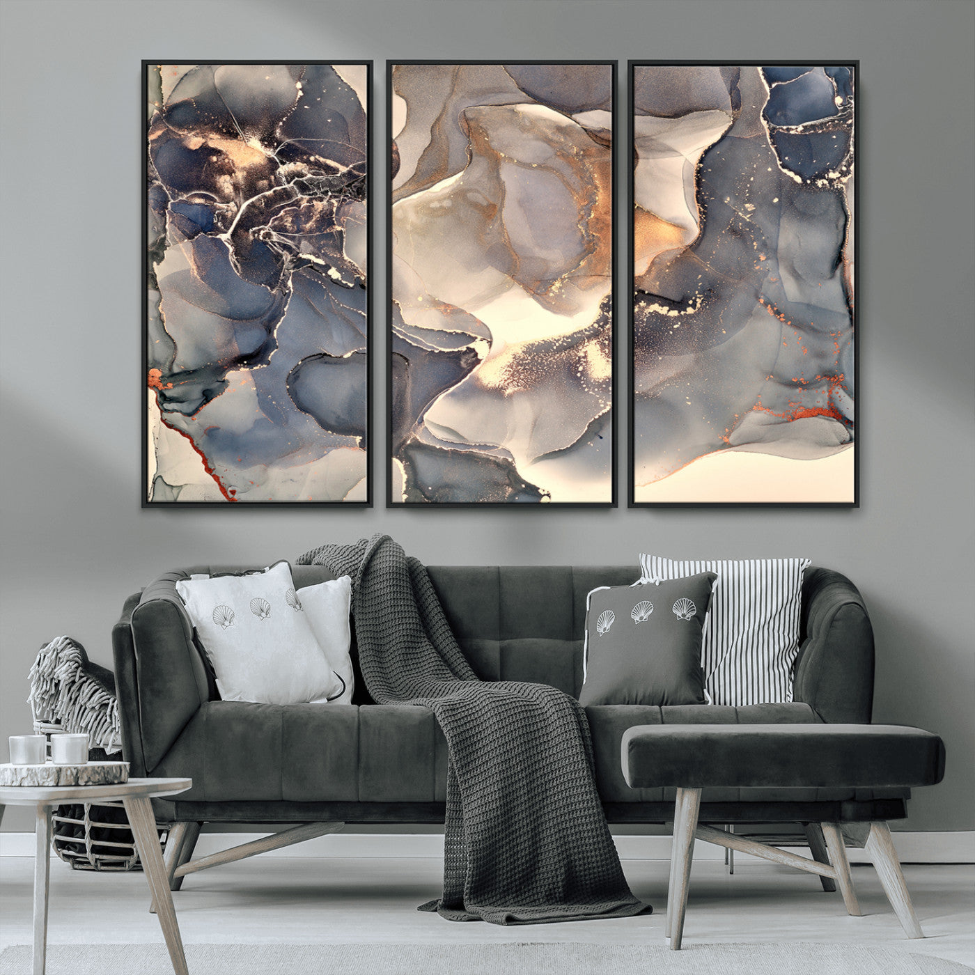 MGV-FC-48X32-3P - Abstract Blue and Gold Wall Art - Fluid Ink Artwork - Modern Luxury Wall Decor for Contemporary