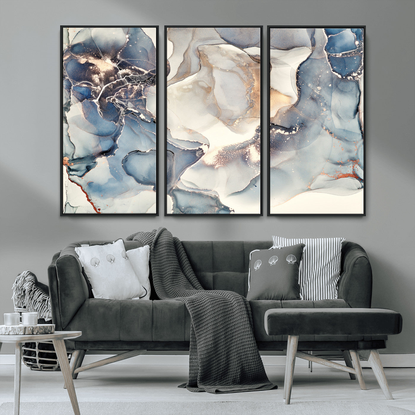 MGV-FC-48X32-3P - Abstract Blue and Gold Canvas Wall Art - Fluid Modern Ink Artwork - Modern Luxury Wall Decor for