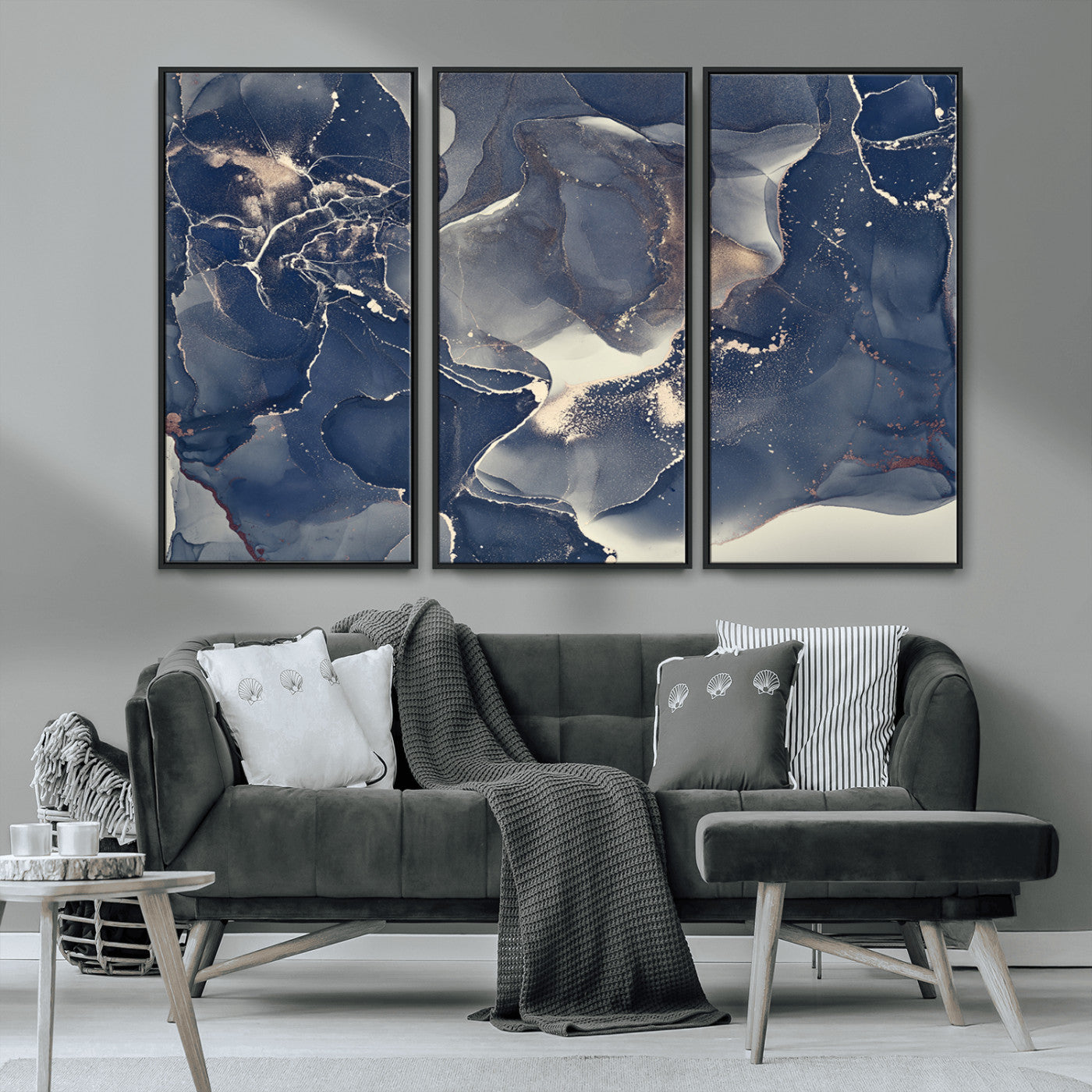 MGV-FC-48X32-3P - Large Abstract Blue and Gold Canvas Wall Art | Fluid Ink Artwork Print | Luxury Wall Decor for