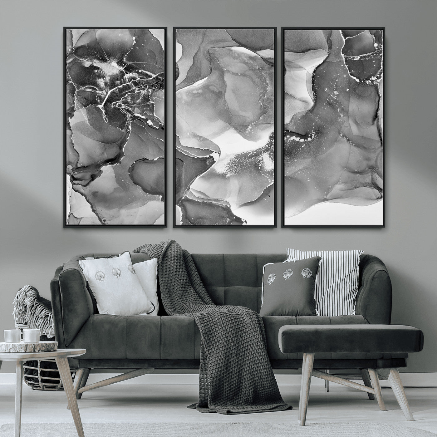 MGV-FC-48X32-3P - Black White Abstract Canvas Wall Art - Fluid Ink Artwork - Modern Luxury Wall Decor for Contemporary