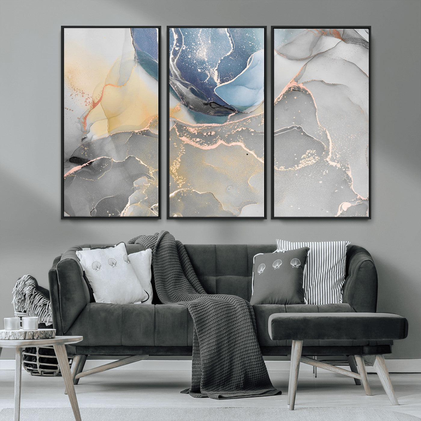 MGV-FC-48X32-3P - Large Abstract Blue and Gold Canvas Wall Art | Fluid Ink Artwork Print | Luxury Wall Decor for