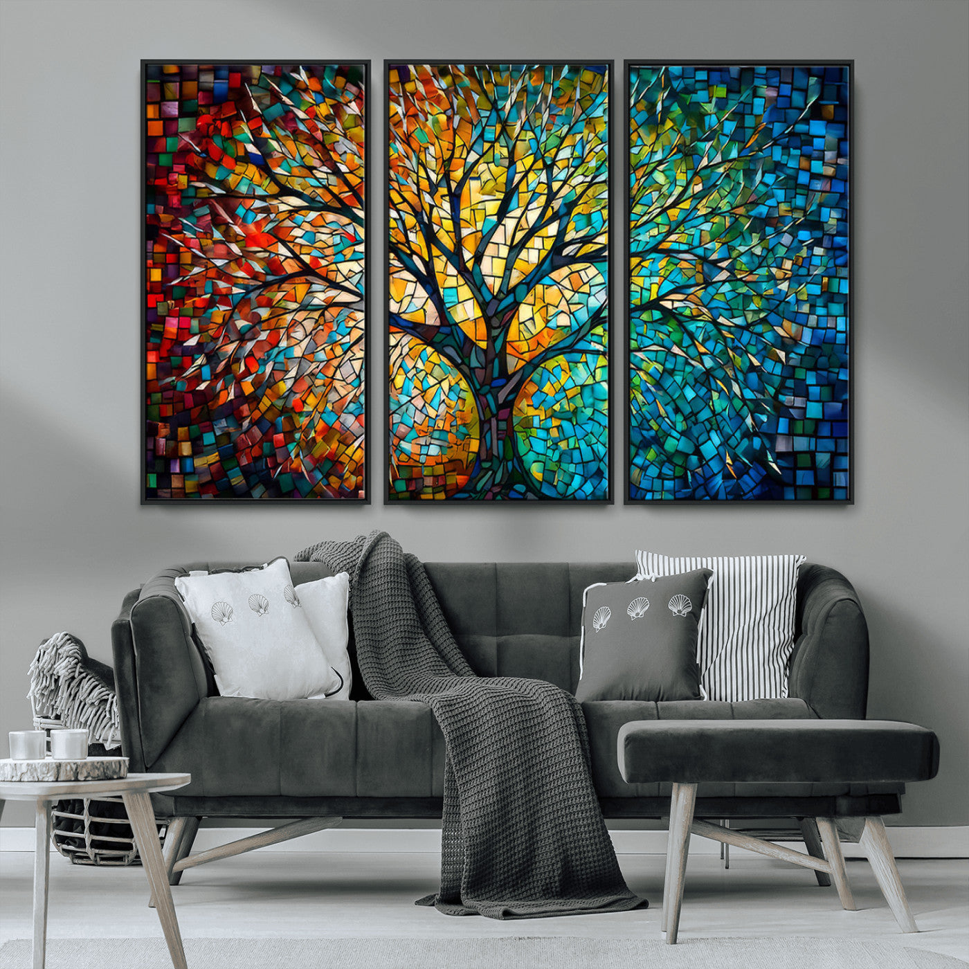 99325-MGV-CV-36X24-Yggdrasil Tree of Life Wall Art Print Canvas | Mosaic Style 3-Panel Canvas Print