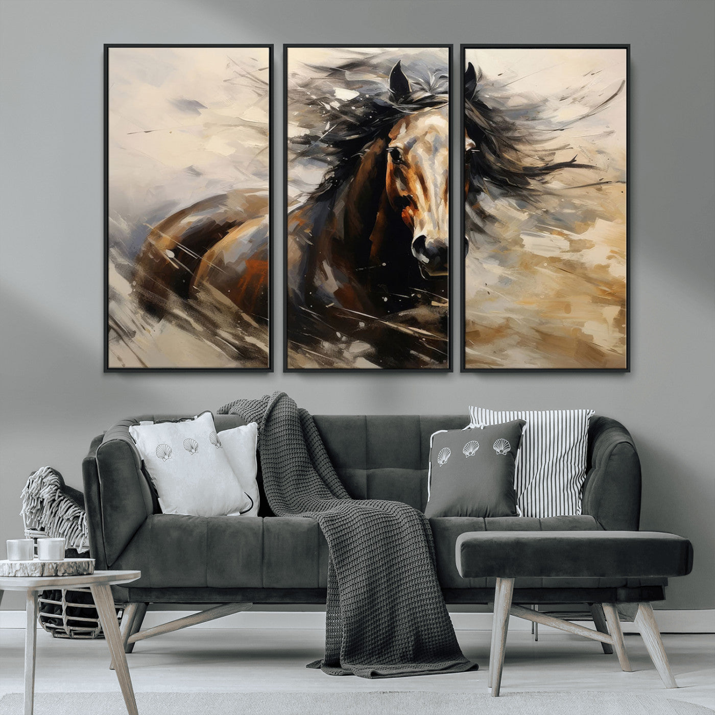 MGV-FC-48X32-3P - Abstract Wall Art Horse Print - Large Western Horse Canvas - Farmhouse Woodland Wall Art - Framed
