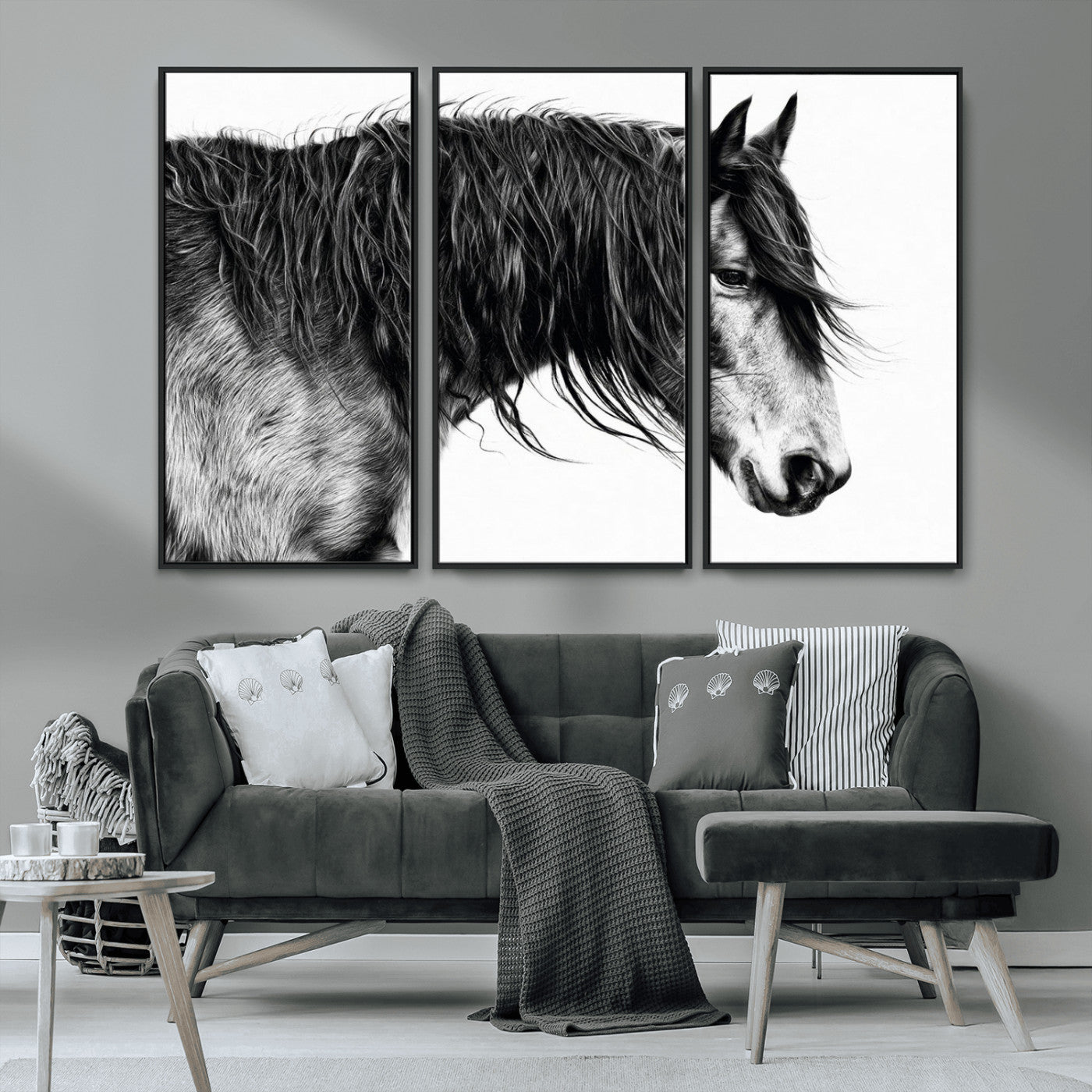 MGV-FC-48X32-3P - Black Horse Wall Art Canvas Print for Farmhouse Decor and Woodland Decoration