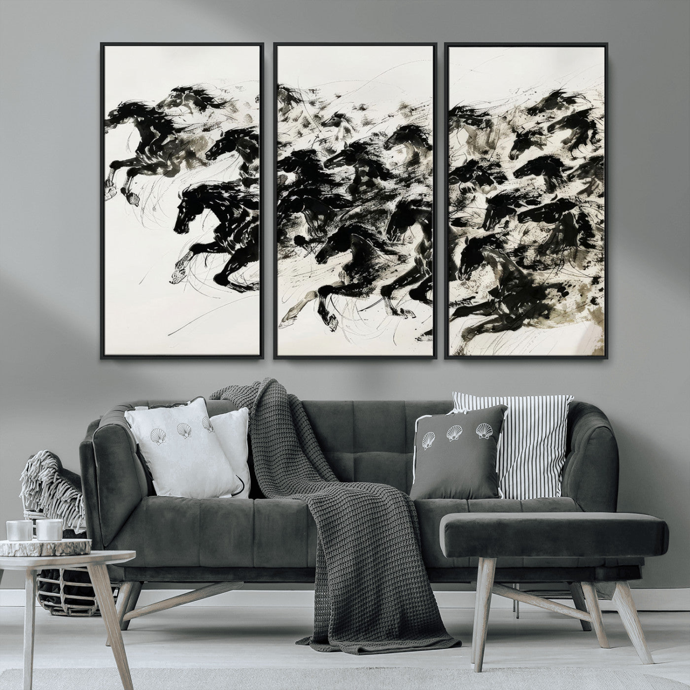 MGV-FC-48X32-3P - Abstract Horse Wall Art Canvas Print - Dynamic Black Ink Horse Print - Modern Equine Wall Decor for