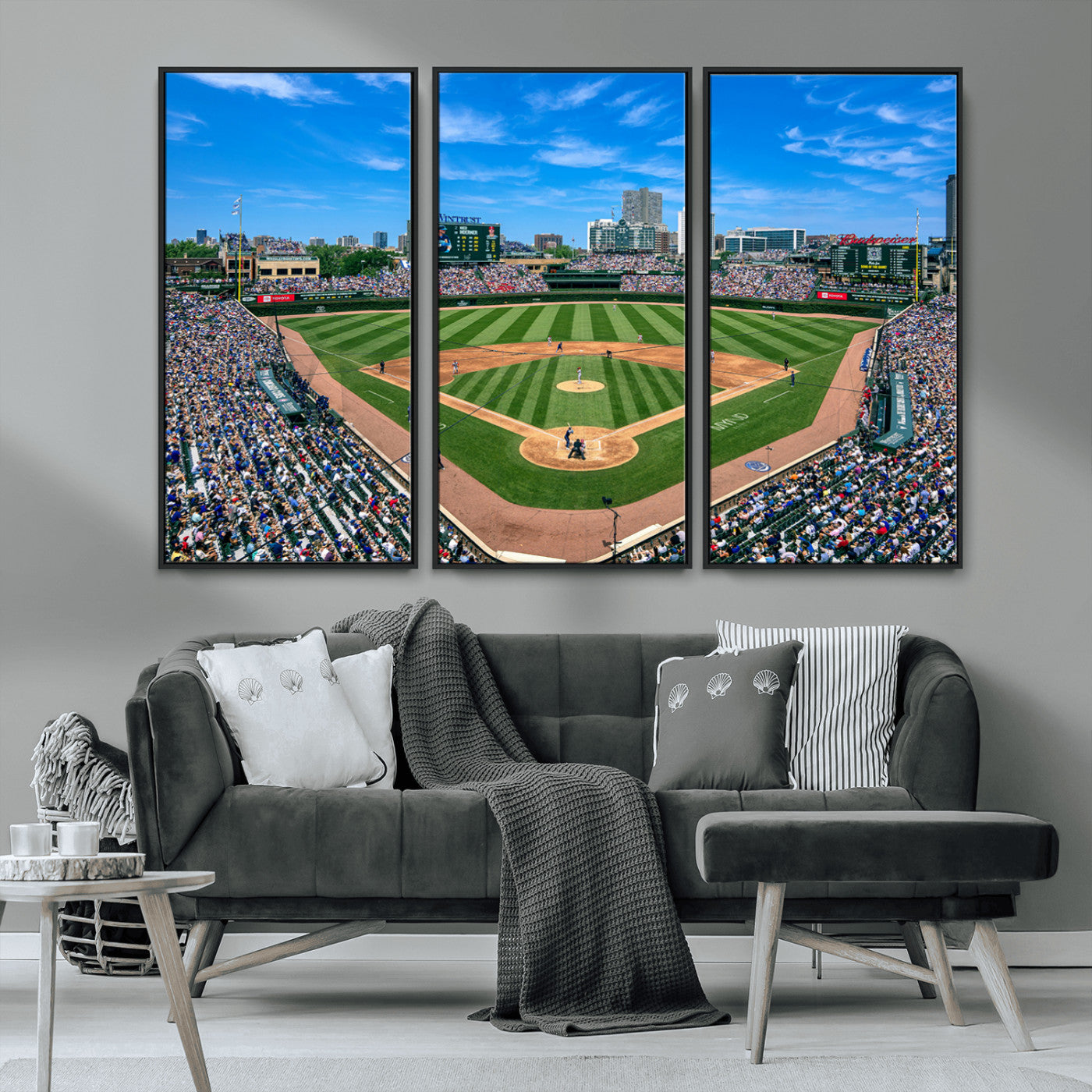 MGV-FC-48X32-3P - Framed Wrigley Field Chicago Cubs Print, Panoramic Multi Piece Canvas Wall Art - Iconic Baseball