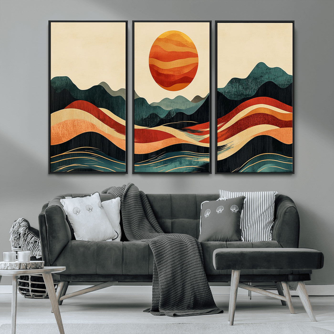 MGV-FC-48X32-3P - Mountain Triptych Wall Art - Western Nature Prints - Framed Boho Pine Tree Canvas for Log Cabin or