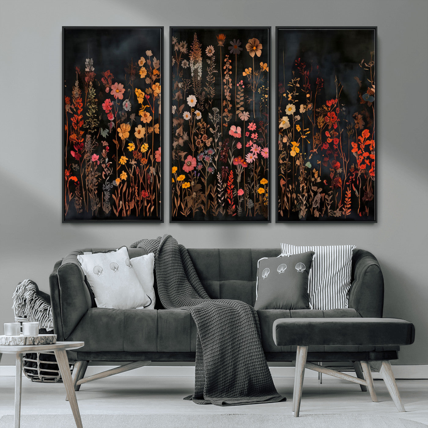 MGV-FC-48X32-3P - Dark Floral Canvas Wall Art - Moody Botanical Flower Print - Rustic Floral Wall Decor for Home -