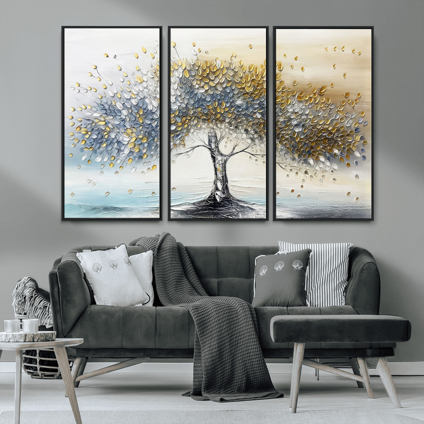An elegant impasto painting featuring a tree with shimmering silver and gold leaves, blending soft pastels to create a calm and sophisticated atmosphere.