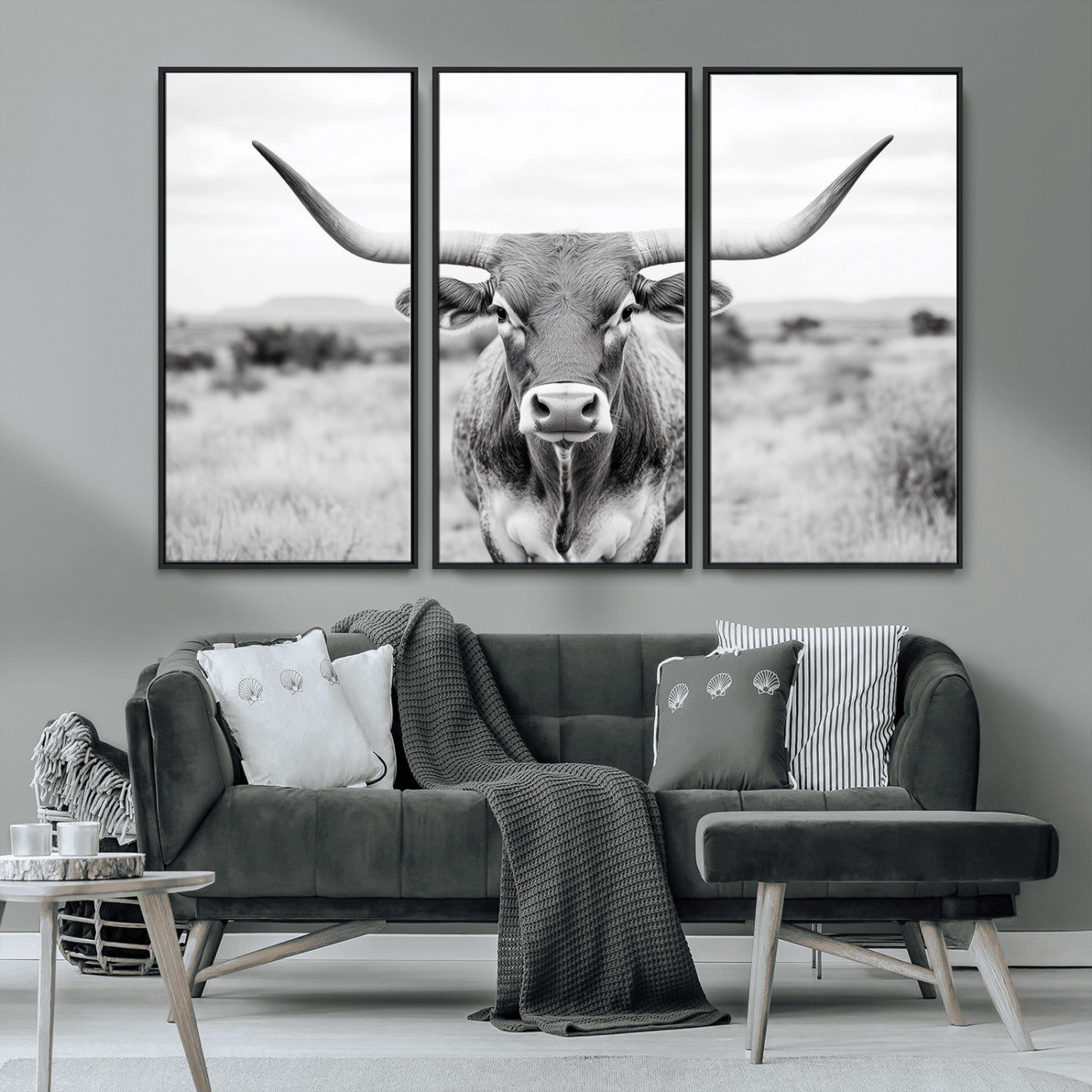 MGV-FC-48X32-3P - Highland Cow Wall Art Print - Black and White Texas Western Longhorn Canvas - Farmhouse Decor Print