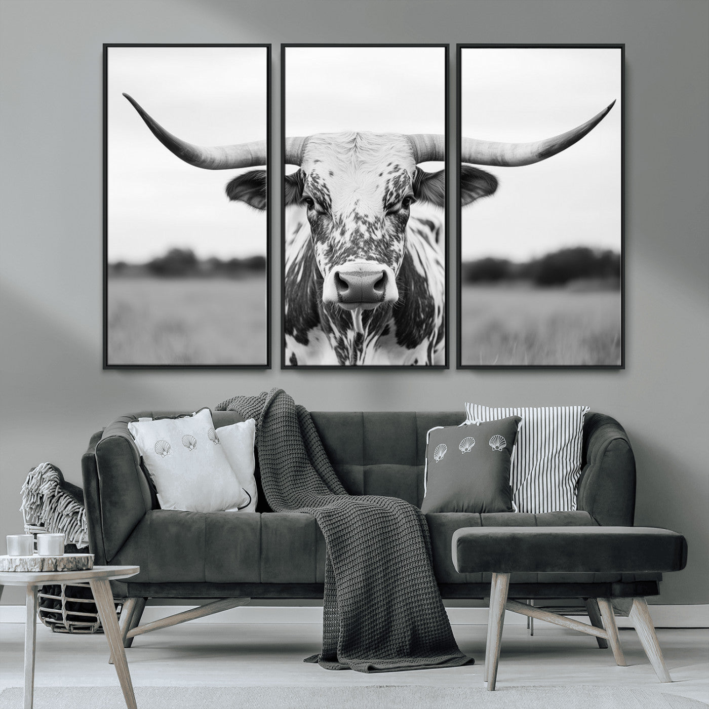 MGV-FC-48X32-3P - Highland Cow Wall Art - Black and White Western Longhorn Canvas Print - Farmhouse Living Room Decor