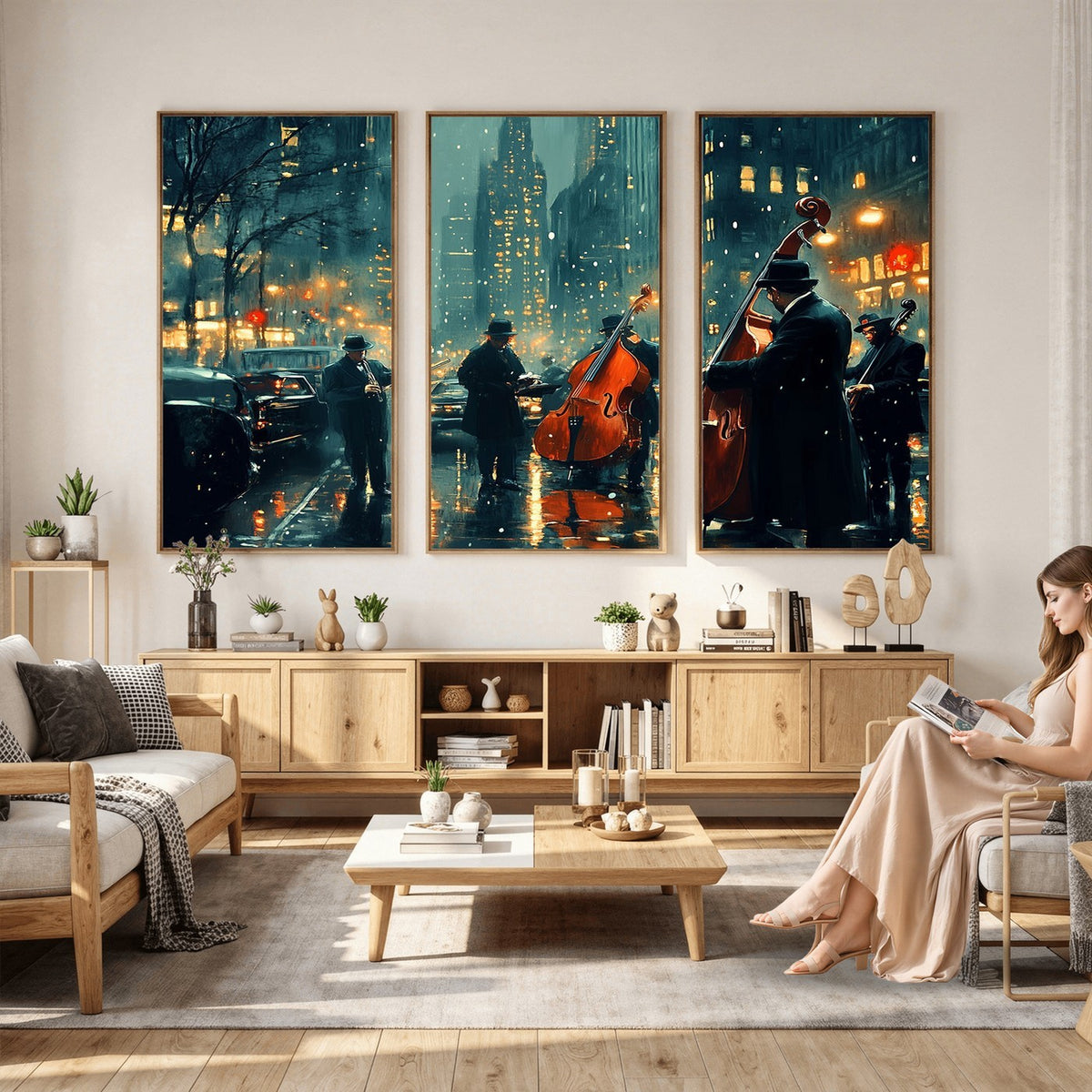 53391-MGV-CV-24X16 - Urban Night Jazz Wall Art Canvas Print | Moody Rain Soaked City Street Band Scene