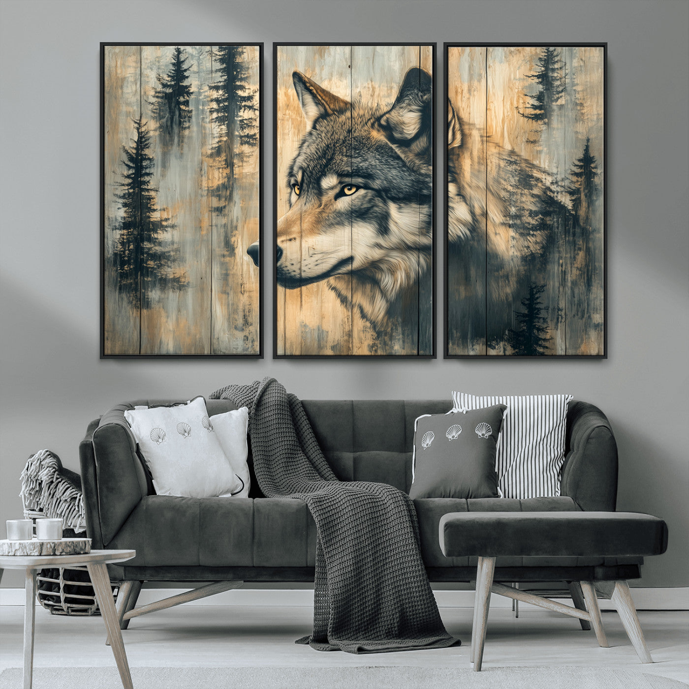 MGV-FC-48X32-3P - Wood Style Rustic Wolf Wall Art Canvas Print, Vintage Woodland Wolf Wall Art, Framed Wood Style Wolf