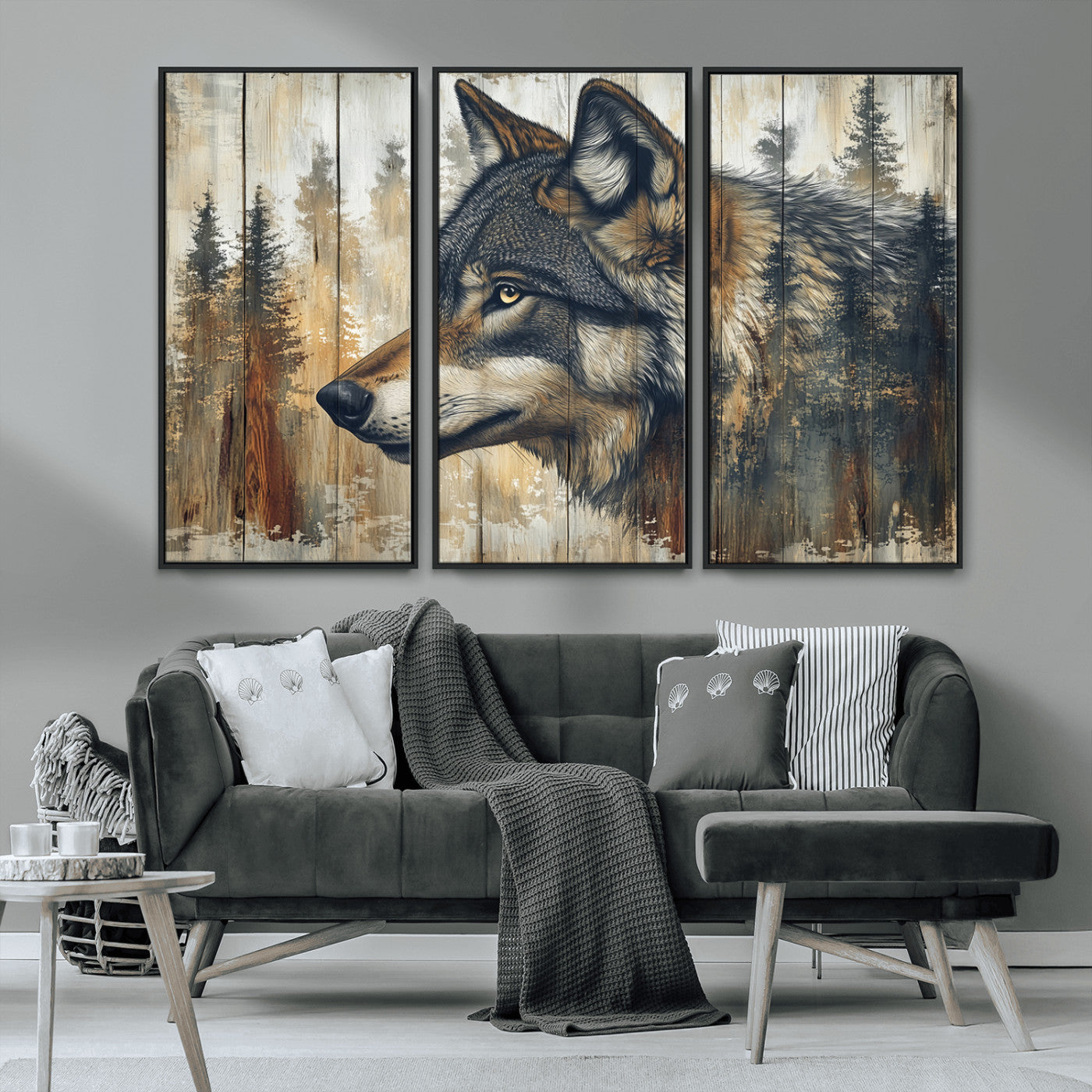 MGV-FC-48X32-3P - Rustic Wolf Wall Art Canvas Print, Vintage Woodland Wolf Wall Art