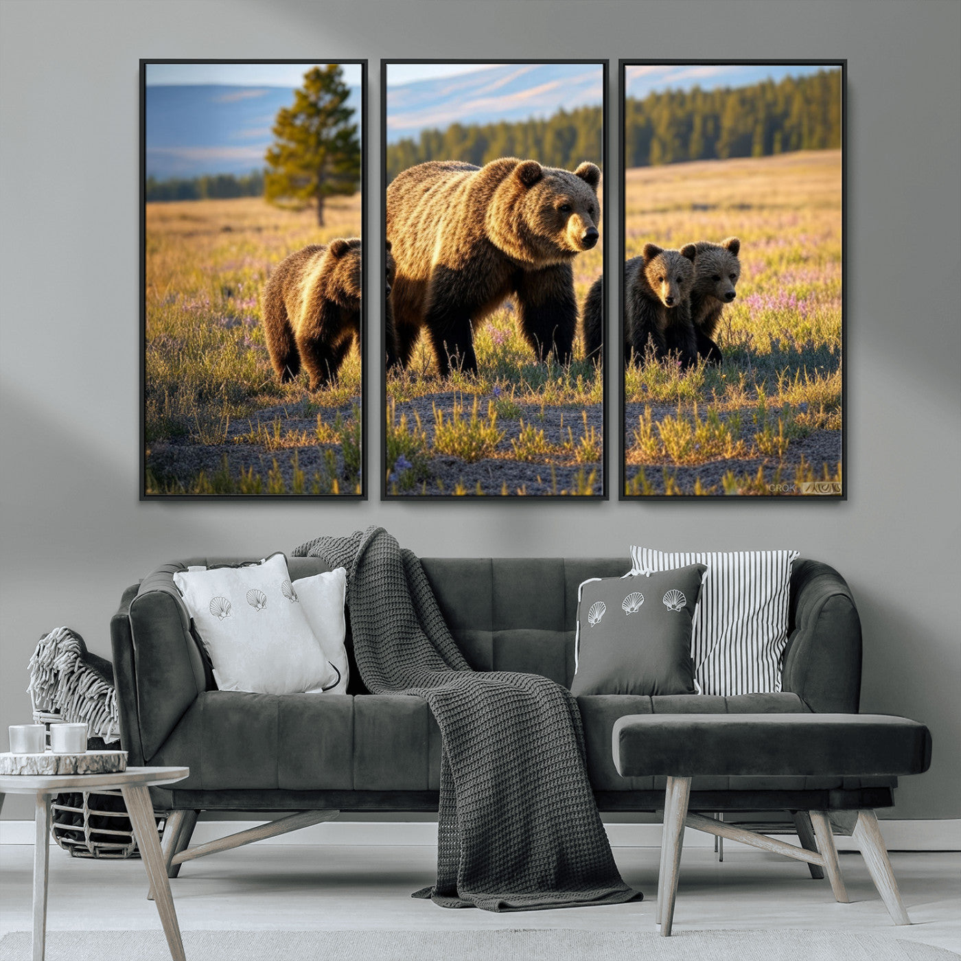 MGV-FC-48X32-3P - Grizzly 399 in Wild Flowers Wall Art Canvas Print, Grizzly Bears Wall Art, Queen of Grand Teton
