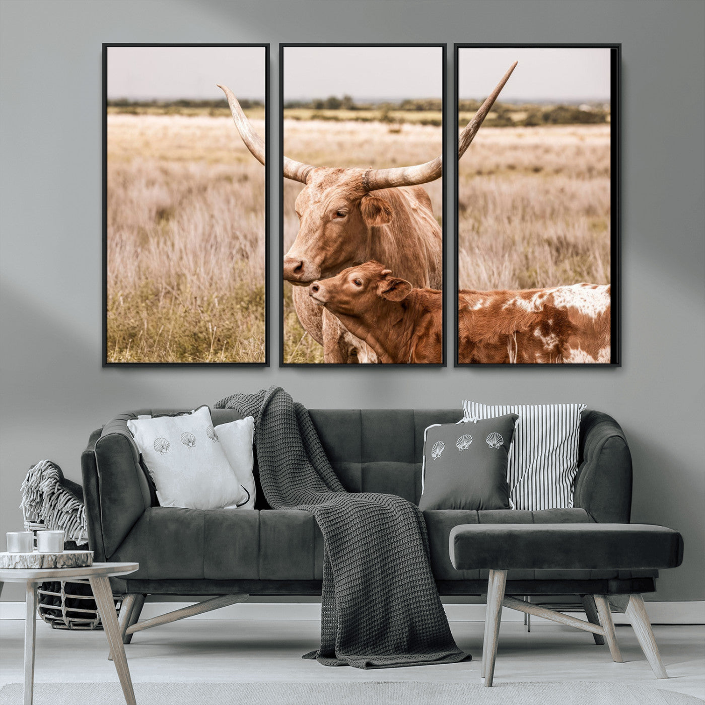 MGV-FC-48X32-3P - Texas Longhorn Cow Wall Art Canvas Print for Farmhouse Wall Art, Texas Decor, Western Wall Art Print
