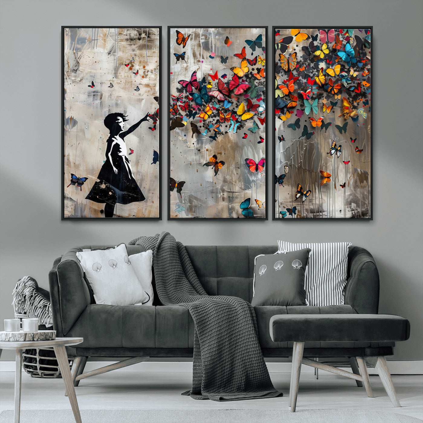 MGV-FC-48X32-3P - Banksy Butterfly Girl Wall Art | 3-Piece Butterfly Girl Canvas