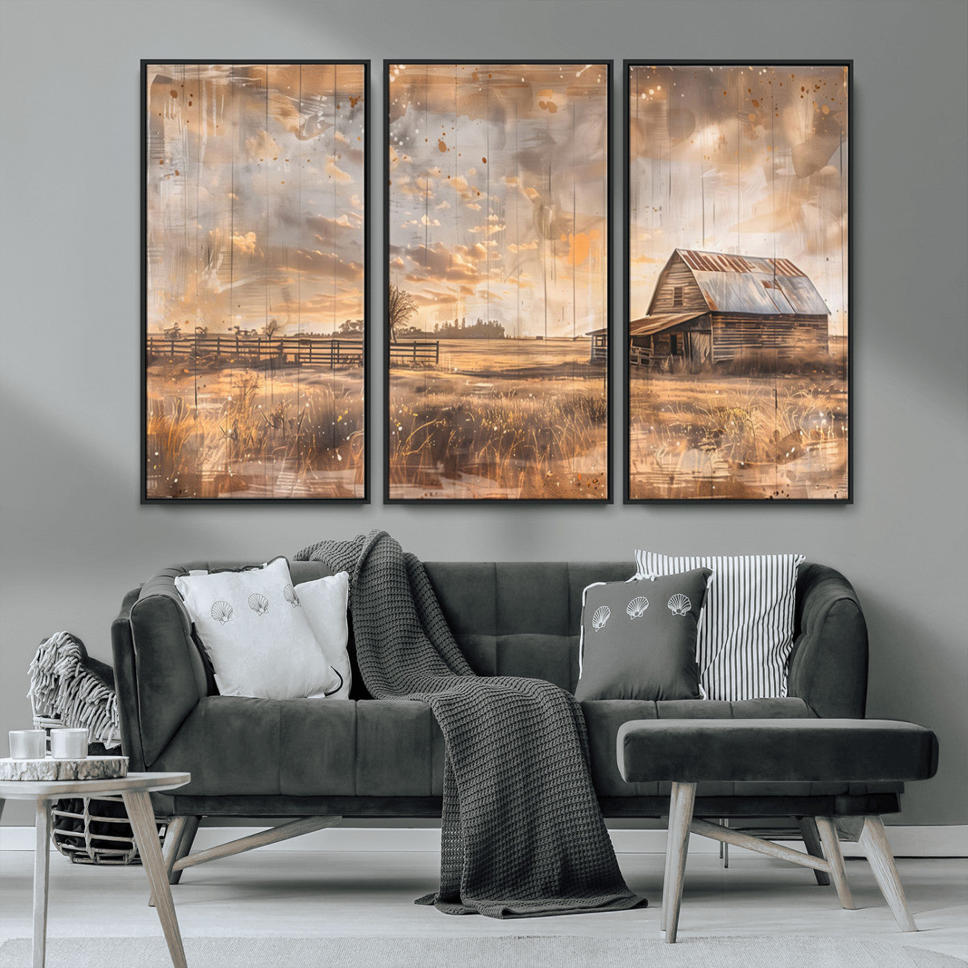 MGV-FC-48X32-3P - Rustic Farmhouse Wall Art Canvas Print | Barn and Field Canvas Print | Vintage Country Landscape
