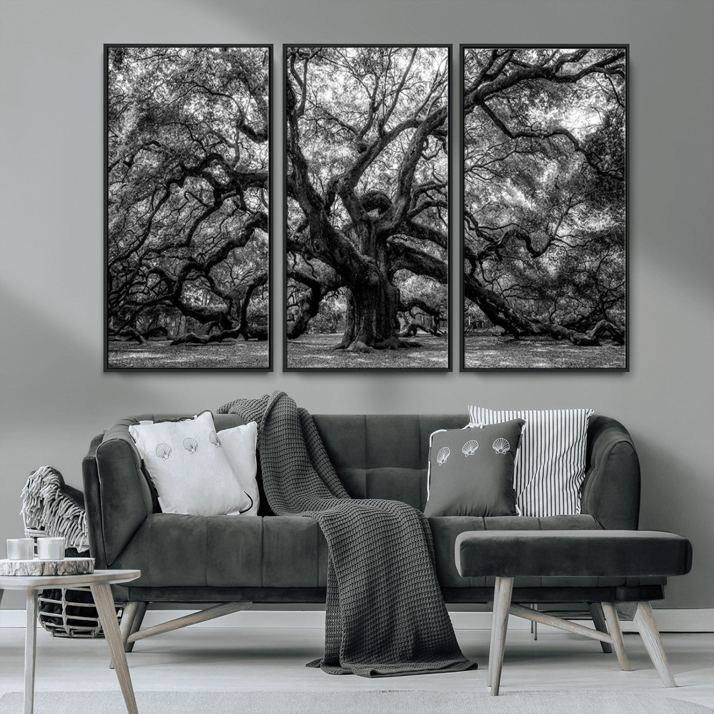 MGV-FC-48X32-3P - Black and White Old Angel Oak Tree Wall Art Canvas Print