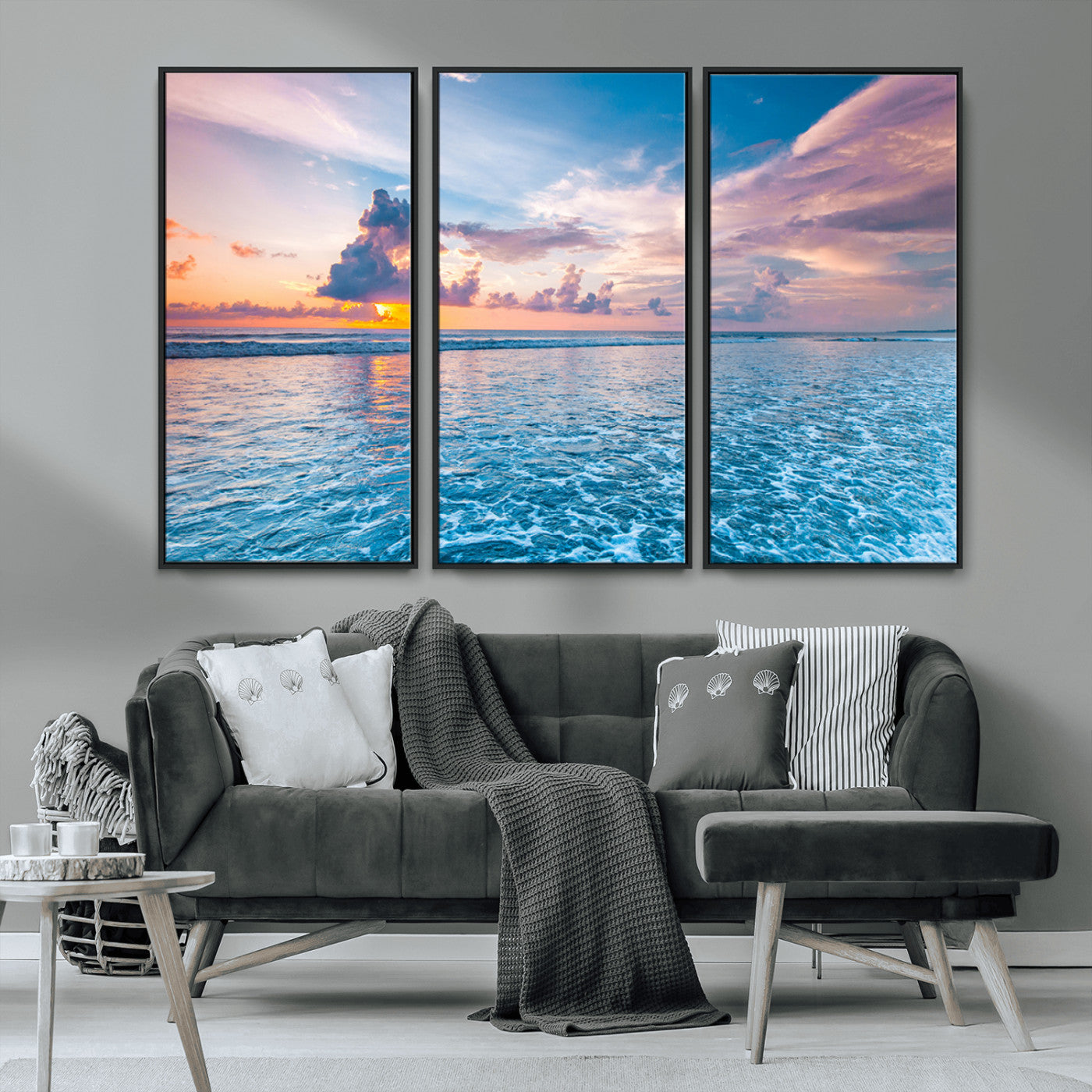 MGV-FC-48X32-3P - Ocean Sunset Canvas Wall Art Print - Tranquil Seascape with Vibrant Sky and Rolling Waves Canvas