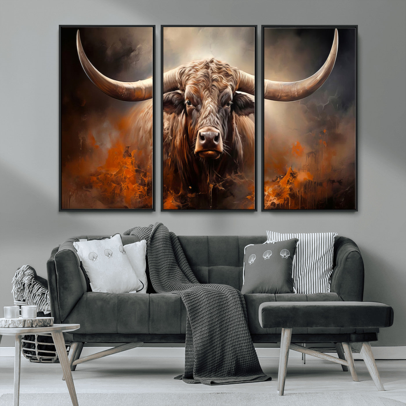 MGV-FC-48X32-3P - Highland Bull Canvas Abstract Canvas Wall Art Print – Powerful Highland Bull with Striking Horns in